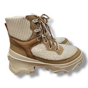 Sorel Brex Shearling Lace Up Boots Heel Taupe Hiking Tan Winter Women’s Size 8.5